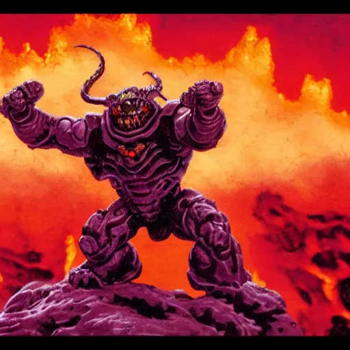 Image similar to Doom marine fighting with daemons on a lava background, Moebius style