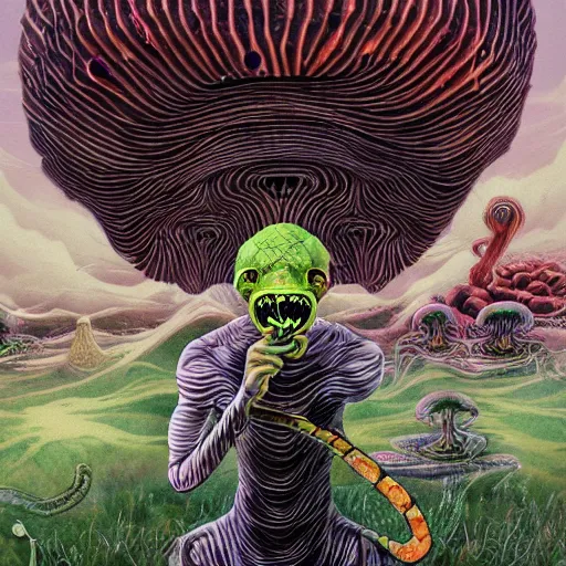 Image similar to A centered chest up portrait of a psychedelic demonic anthropomorphic snake smoking a hand-rolled cigarette smoking heavily , magic mushroom village in background , award winning. superb resolution. in the art style of junji Ito and greg rutkowski . Detailed Mushroom city in background. Hyper realistic anime. Perfect art. Dalle2