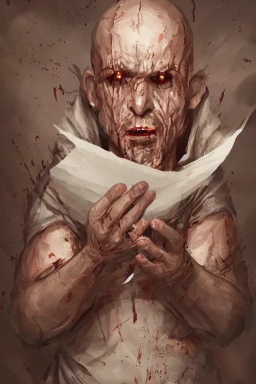 Prompt: A deranged tiny filthy man wearing long dark damaged ripped robes showing a magic paper scroll, camera looking down upon, long fingernails, unclipped fingernails, sharp fingernails, focus on face, sharp focus, digital painting, trending on artstation, concept art, fantasy, medieval