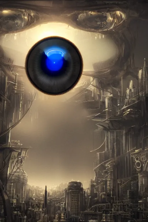 Image similar to biomechanical robot eye overlooking a desolate metropolis, fantasy, volumetric lighting, professional illustration