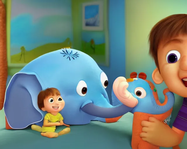 Image similar to detailed cartoon portrait of a little boy hugging his elephant pillow, pixar, sharp high quality