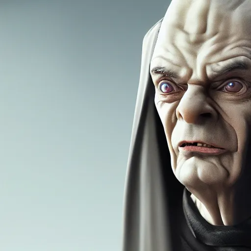 Image similar to mr. bean is darth sidious in star wars, 4 k, studio portrait, photography, cinematic lighting, highly detailed