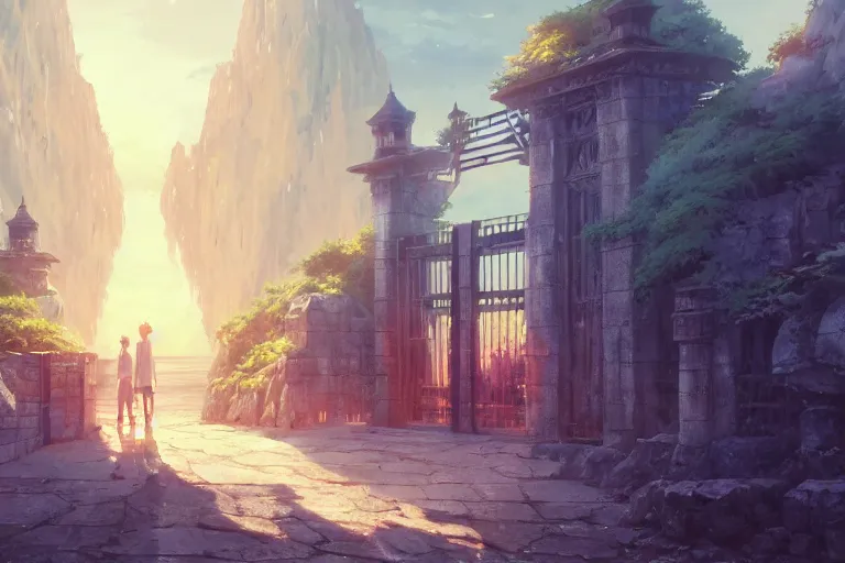 Image similar to ultra realistic, huge gate, colors, 8 k, hd, details, fantasy, epic, ancient city, landscape illustration concept art anime key visual trending pixiv fanbox by wlop and greg rutkowski and makoto shinkai and studio ghibli and kyoto animation symmetrical facial features