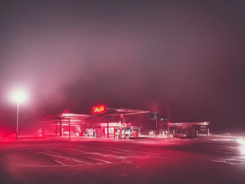 Image similar to “photography of gas station , fog, red lights, night, mood, atmospheric, full of colour, digital photography”