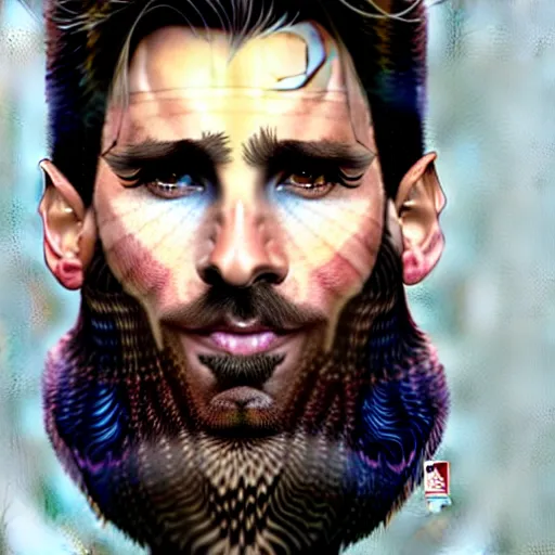 Image similar to Messi with a majestic beard, closeup, D&D, fantasy, intricate, elegant, highly detailed, digital painting, artstation, concept art, matte, sharp focus, illustration, art by Artgerm and Greg Rutkowski and Alphonse Mucha