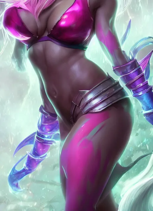 Prompt: vibrant syndra, from league of legends, au naturel, with abs, white hair, pink magic, hyper detailed, digital art, trending in artstation, cinematic lighting, studio quality, smooth render, unreal engine 5 rendered, octane rendered, art style by klimt and nixeu and ian sprigger and wlop and krenz cushart
