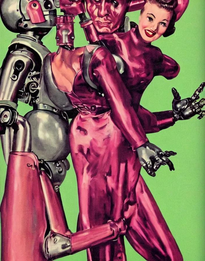 Prompt: a female housewife!!!! being hugged by a manly metal - suited!!! robot!!!!, 1 9 5 0 s horror film movie poster style, ( norman rockwell oil painting ), close - up shot, tight shot, retro science fiction, vintage, saturated pink and green lighting, shadowy lighting