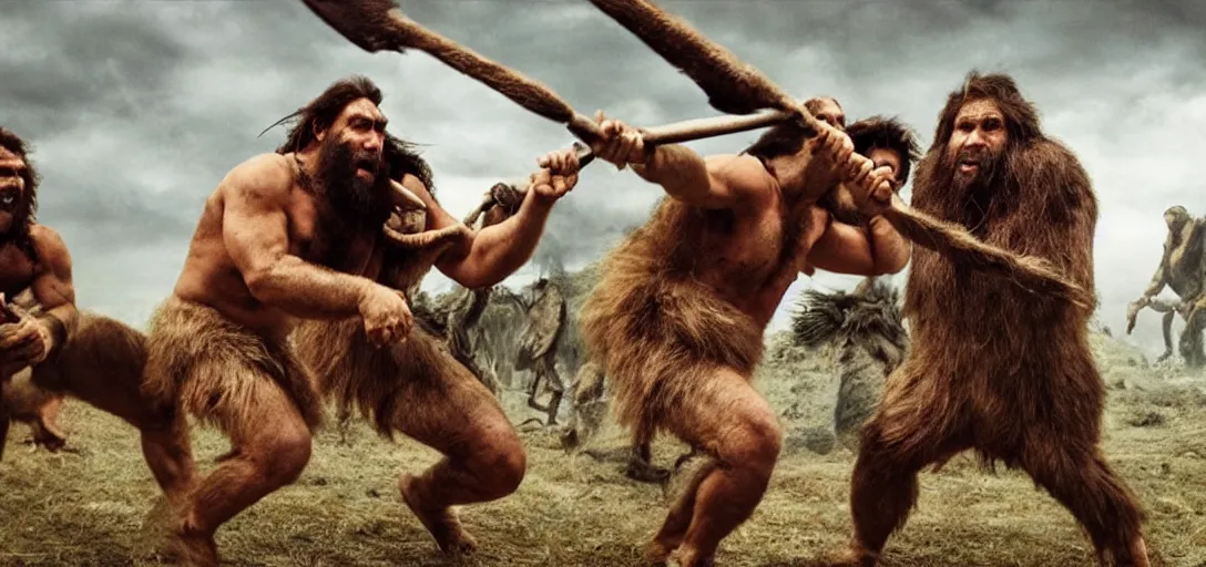 Prompt: cavemen contending with prehistoric monsters, a colorized photo, colorized, # film, movie still