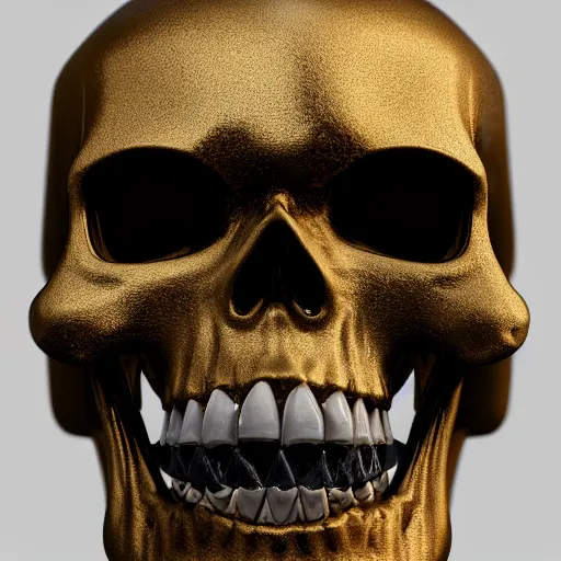 Prompt: high quality octane render of black skull made of black onyx and porcelain with golden teeth, 3d blender, corona render, digital art