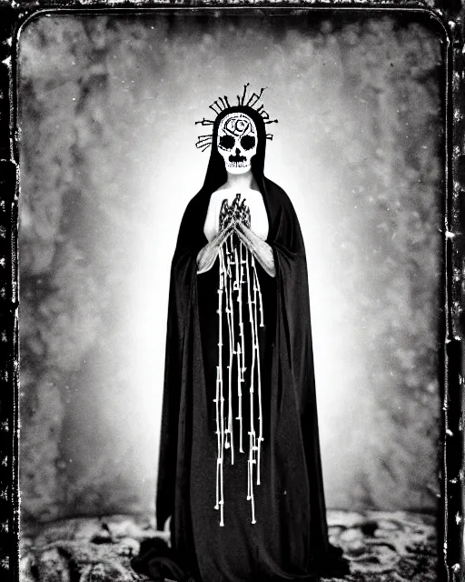 Image similar to tintype virgin mary in dia de muertos dress and makeup high quality photo, microchip, artificial intelligence, bio - mechanical bio - luminescence, black wired cables, neurons, nerve cells, cinematic, rim light, photo - realistic, high detail, 8 k, masterpiece, high fashion, in the style of steven meisel dora maar h. r. giger