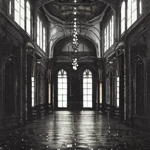 Image similar to a long hallway of mirrors. victorian interior, with many mirrors, spiders and spiderwebs everywhere, elegant design, haunting atmosphere, dark lighting, gothic, horror style, scary, swirling fog, volumetric lighting, by greg rutkowski, dutch angle,