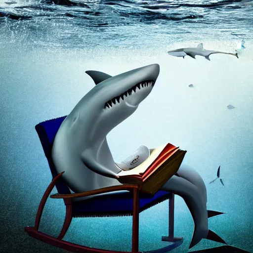 Image similar to a shark sitting in a chair reading a book underwater realistic hdr 8 k 3 5 mm