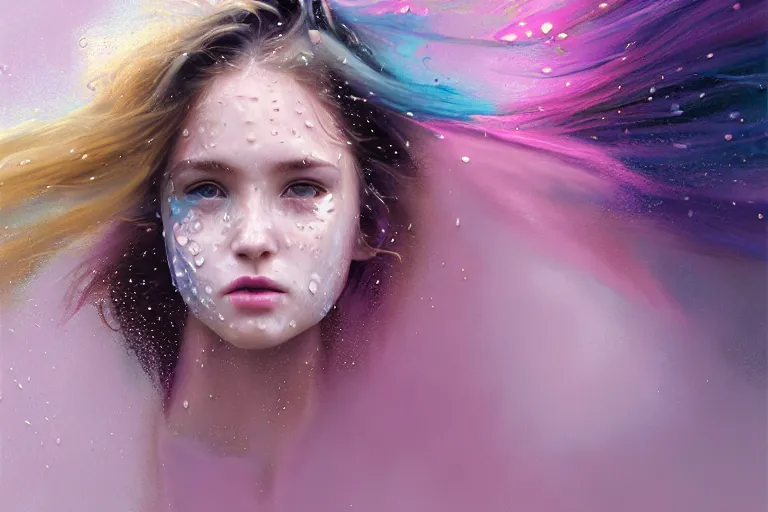 Image similar to girl flying freely in pastel rain with wet hair and face, splash, fantasy, captivating dynamic facial expression, intricate, elegant, dramatic lighting, emotionally evoking symbolic metaphor, highly detailed, lifelike, photorealistic, digital painting, artstation, concept art, smooth, sharp focus, illustration, art by John Collier and Albert Aublet and Krenz Cushart and Artem Demura and Alphonse Mucha