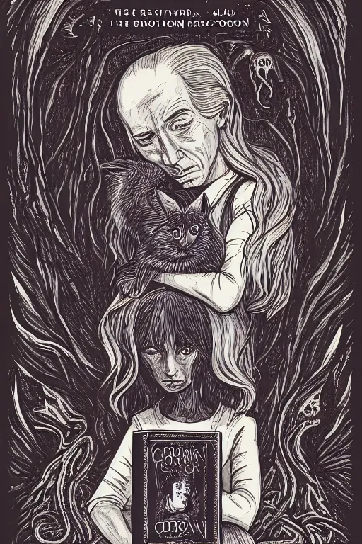 Image similar to biden illustration of romantic girl, her cat and her book of necronomicon, symmetrical, cinematic, sharp focus, 4 k, ultra hd, sense of awe, sinister demonic atmosphere, dreadful, forbidden knowledge, old gods, cthulhu, yog - sothoth! yah, yah, yah! cultist journal cover