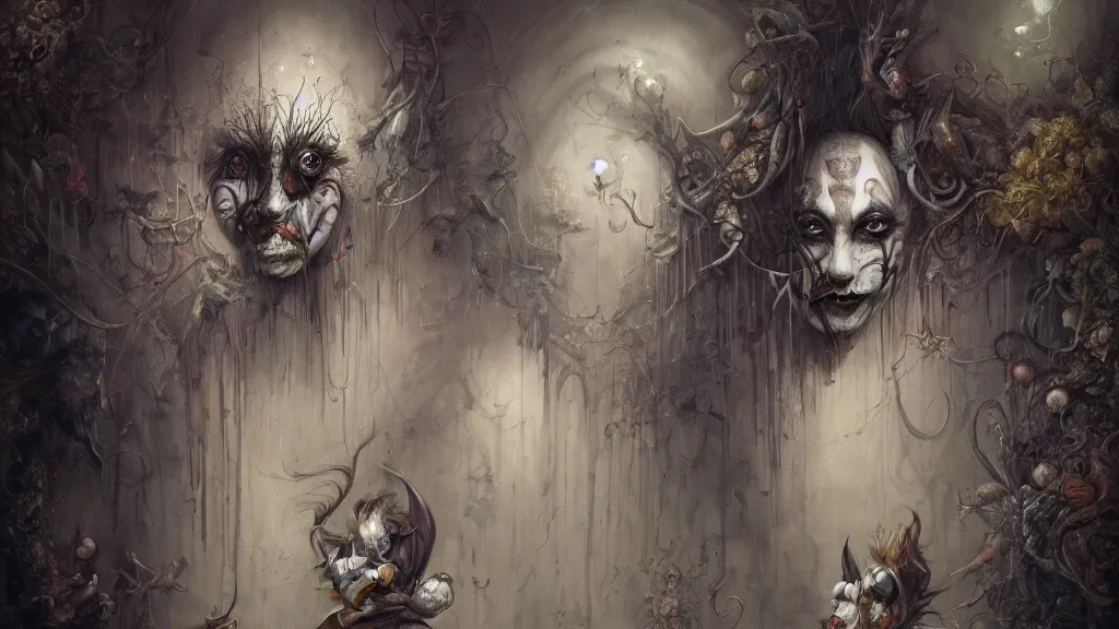 Image similar to clown portraits in cloistered alleyway dreaming of a circus wearing fedoras, in the style of peter mohrbacher by weta digital and beth cavener, high face symmetry, intricate, masterpiece, award winning, high face symmetry, intricate