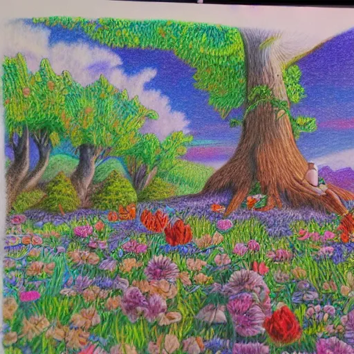 Image similar to Colored pencil art on paper, highly detailed, artstation, People, Plants and Trees, Animals, Magical Creatures, buildings, scenery, enchanted landscapes, PrismaColor