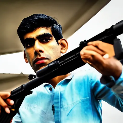 Image similar to Medium shot photograph of Rishi Sunak holding an AK-47, 8k, ultrahd