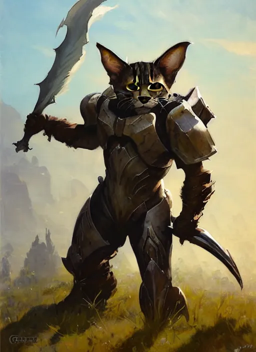 Image similar to Greg Manchess painting of a Cat Charr from Guild Wars 2 wearing Forerunner Armor from Halo, countryside, calm, fantasy character portrait, dynamic pose, above view, sunny day, artwork by Jeremy Lipkin and Giuseppe Dangelico Pino and Michael Garmash and Rob Rey, very coherent asymmetrical artwork, sharp edges, perfect face, simple form, 100mm