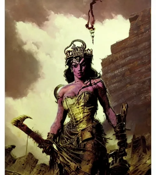 Image similar to mighty princess of the wasteland, scrap metal headdress, ominous ruins, strong line, deep color, cloudy sky, beautiful! coherent! by brom, by frank frazetta,