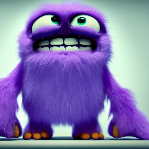 Image similar to a purple fluffy monster, adorable and cute, pixar, octane render, 4k, monster in middle of picture