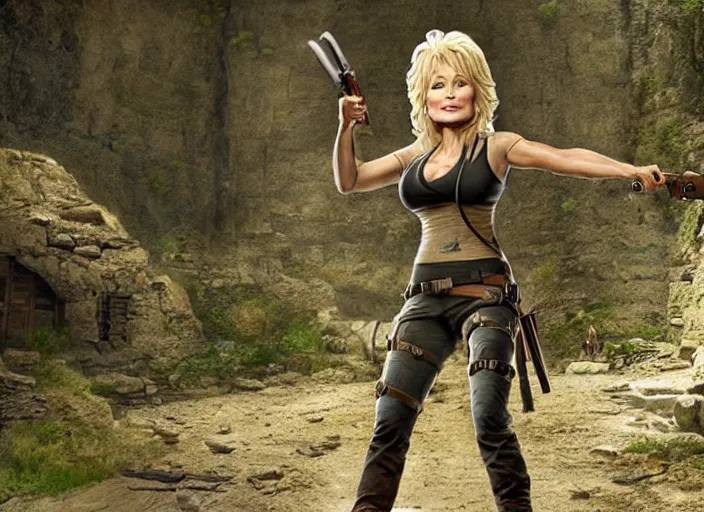 Prompt: film still of!!!! dolly parton!!! as lara croft in new tomb raider movie, 8 k