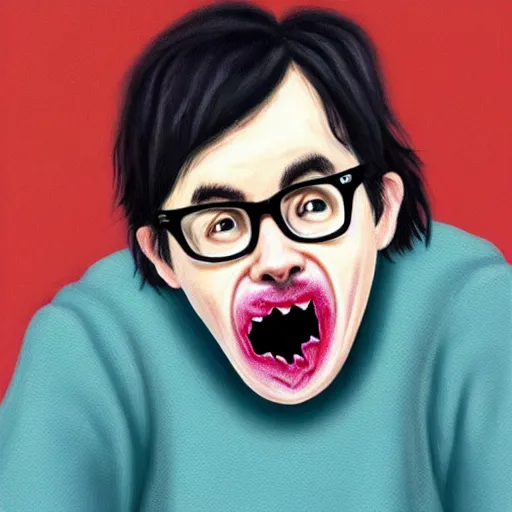 Image similar to An Oil Painting of Rivers Cuomo in a sweater with long hair and a mustache sweating bullets as he imitates The Scream pose in his apartment after seeing kim jong un's nukes falling onto the city, hyperrealistic, extremely realistic, highly realistic, HD Quality, 4k resolution, 8k resolution, Detailed, Very Detailed, Highly Detailed, Extremely Detailed, Intricate Details, Real, Very Real, Oil Painting, Digital Painting, Painting, Trending on Deviantart, Trending on Artstation