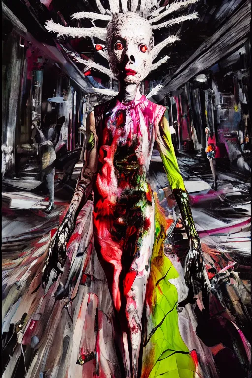 Image similar to crazy fashion catwalk, one model, crazy clothes, biopunk style, horror, hauntingly surreal, highly detailed painting by francis bacon, edward hopper, adrian ghenie, gerhard richter, and james jean soft light 4 k,