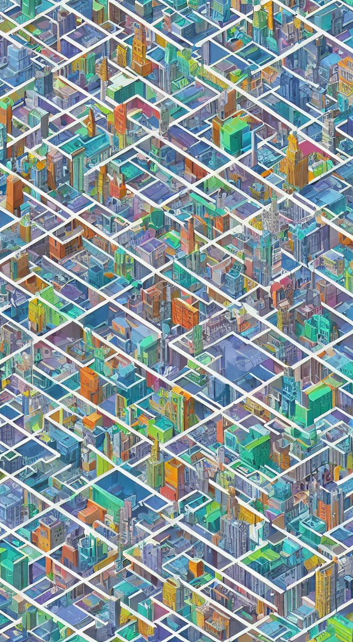 Image similar to isometric drawing of a fictional dense city, in style of charles williams, rem koolhaas, peter eisenman, cool color palette