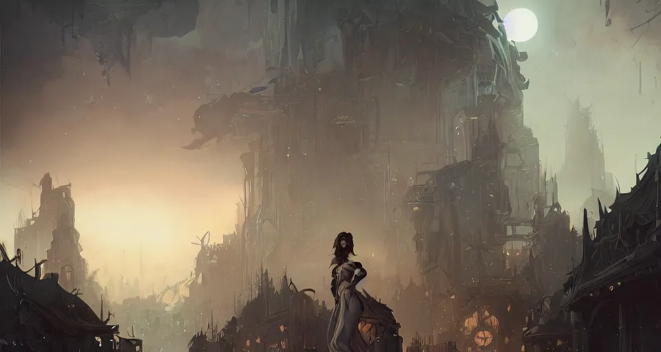 Prompt: a detailed illustration of a weeping woman against the background of a ravaged city and a dark moonlit sky, artstation, by Peter Mohrbacher, Art Nouveau, sophisticated, Unreal engine, dystopia, anti-utopia, post processing, nostalgic melancholic artwork, intricate