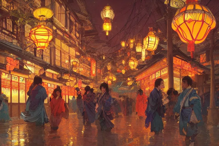 Image similar to a beautiful realistic painting of the lantern festival in old kyoto, neon colors, intricate, elegant, highly detailed, digital painting, artstation, concept art, by krenz cushart and artem demura and alphonse mucha