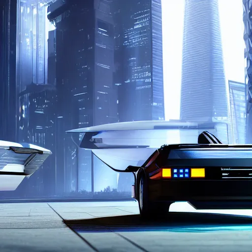 Image similar to a futuristic cyber city sharp photorealistic octane render, bokeh in the background only, a futuristic curvy delorean hover in the foreground, deep perspective