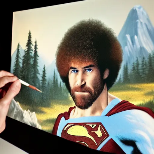 Image similar to a closeup photorealistic photograph of bob ross working on a canvas painting of superman. film still. brightly lit scene. mountains and trees. this 4 k hd image is trending on artstation, featured on behance, well - rendered, extra crisp, features intricate detail, epic composition and the style of unreal engine.