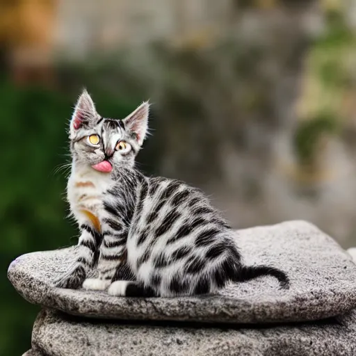 Image similar to a zombie kitten, sitting on the stone, photo taken on a nikon, highly detailed, elegant, sharp focus