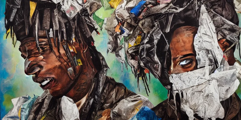 Image similar to rendered in blender travis scott with a trash bag on his head, collage paper and tape, acrylic on canvas, hyperrealism mixed with expressionism, high resolution, cinematic, unreal 6, breathtaking detailed, by blake neubert