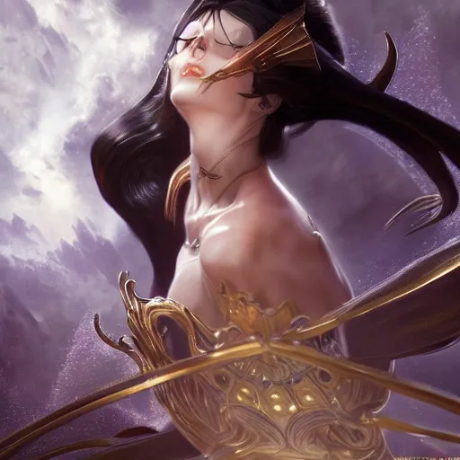 Image similar to bayonetta, posing heroically, heavenly, full body close-up shot, elegant, realistic character concept, high fantasy, light atmosphere, golden ratio, cinematic lighting, hyperdetailed, high resolution, insanely detailed and intricate, artstation, Marc Simonetti, Greg Rutkowski, octane render, 8k