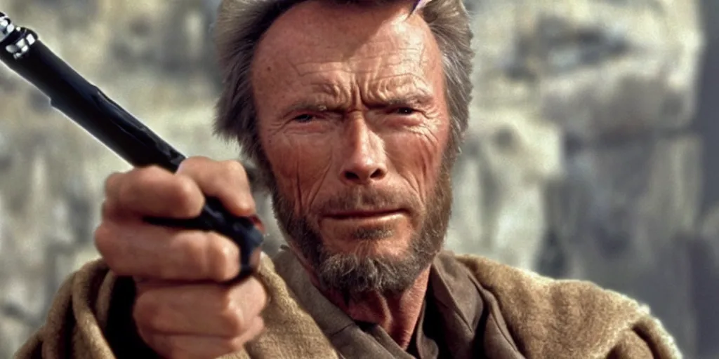 Prompt: Still of Clint Eastwood as jedi! master Obiwan kenobi!!!!. in Star Wars (1977). detailed eyes. white beard. medium shot, technicolor. light saber!