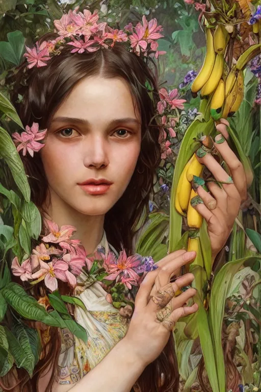 Image similar to ultra realistic illustration, bohemian girl with banana plants and flowers, staring directly into camera, intricate, elegant, highly detailed, digital painting, artstation, concept art, smooth, sharp focus, illustration, art by artgerm and greg rutkowski and alphonse mucha