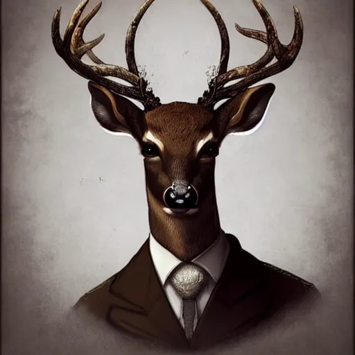 Image similar to a portrait of a deer lord with monocle and top hat, intricate detail, digital art, trending on artstation