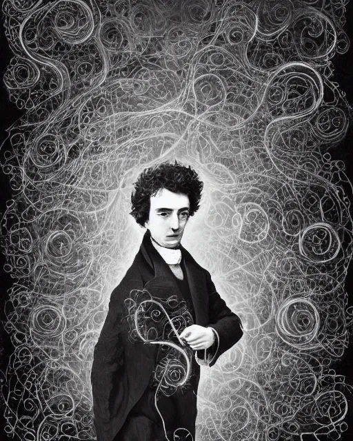 Image similar to a highly detailed portrait of poet Alexander Sergeyevich Pushkin as a devious male magician radiating a powerful energy aura, ornate back tuxedo, wispy tendrils of smoke, swirling vortex of energy, performance art, intricate, digital painting, old english, raining, sepia, particles floating, whimsical background by marc simonetti, art by artgerm and greg rutkowski and alphonse mucha