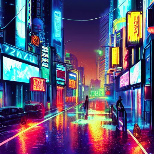 The neon-lit streets of a cyberpunk anime night city with this