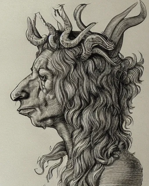 Image similar to human / eagle / lion / ox hybrid. horns, beak, mane, human body. symmetrical. drawn by da vinci