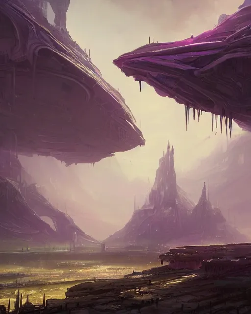 Prompt: a beautiful city landscape, alien architecture, purple, environment art, fantasy art, landscape art, in the style of greg rutkowski, illustration, epic, fantasy, intricate, hyper detailed, artstation, concept art, smooth, sharp focus, ray tracing