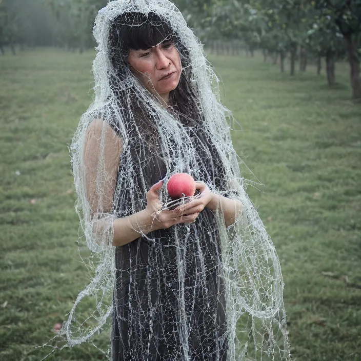 Prompt: a closeup portrait of a woman wearing dress made of spiderwebs, picking apples from a tree in an orchard, foggy, moody, photograph, by vincent desiderio, canon eos c 3 0 0, ƒ 1. 8, 3 5 mm, 8 k, medium - format print