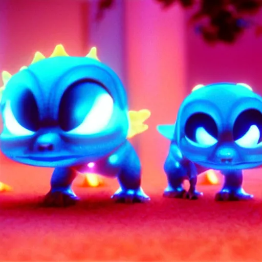 Prompt: cute smiling pixar and chibi style electric blue scaled glowing baby dinosaurs in tron movie, cinestill