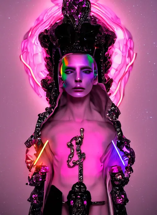 Prompt: photo of baroque and bladerunner delicate neon sapphire sculpture of seductive onyx albino king adrien sahores geometric pink iridescent humanoid deity wearing black fluffy hoody holding diamond skull in a black metallic dungeon, reclining, glowing rainbow face, crown of white diamonds, cinematic lighting, photorealistic, octane render 8 k depth of field 3 d
