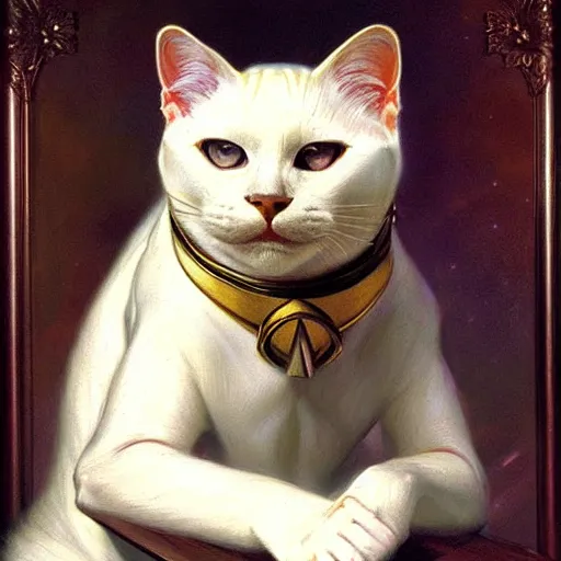 Image similar to a portrait of a man white cat feline star trek the next generation. highly detailed painting by gaston bussiere, craig mullins, j. c. leyendecker, furry