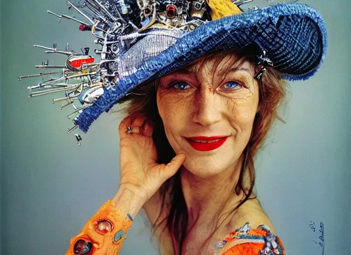 Image similar to a highly detailed beautiful portrait of a cyborg sorceress in a hat, with abs, smiling, by william eggleston, james gurney, james jean