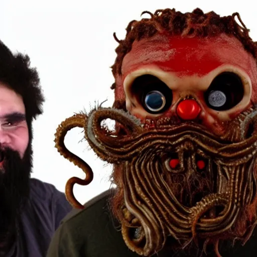 Prompt: filmic bearded man with living teeth and tentacles in the style of the horror film The Thing 1982