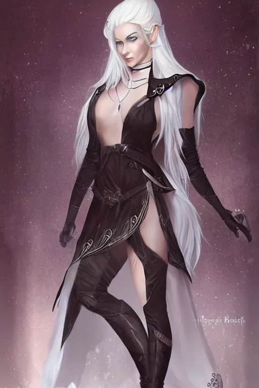 Image similar to a beatiful female elven priestess with white hair wearing thigh high black leather boots, detailed digital art in the style of Charlie Bowater