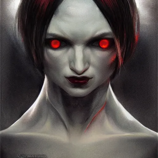 Image similar to concept drawing, demon possessed character, male. hair in a bob cut, left black, right white. demon noticeable by'extra eyes '!!, dark aura, cold look. made by karol bak